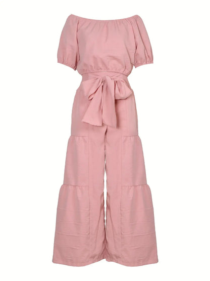 Elegant Off-Shoulder Top with Bow Detail and Solid Color Wide Leg Pants Two-Piece Set, Womenswear, Commuter Date Party Outdoors