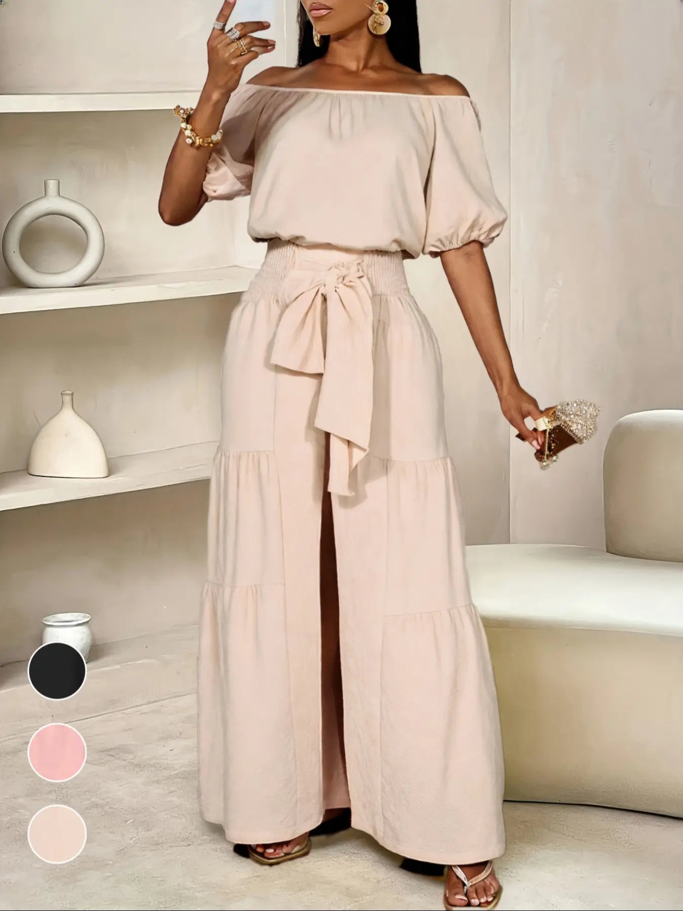 Elegant Off-Shoulder Top with Bow Detail and Solid Color Wide Leg Pants Two-Piece Set, Womenswear, Commuter Date Party Outdoors