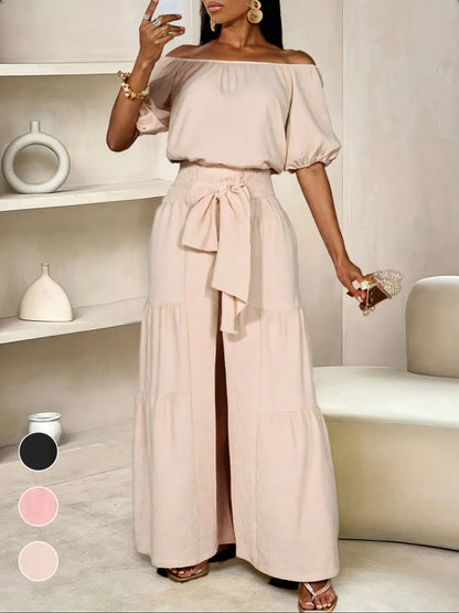 Elegant Off-Shoulder Top with Bow Detail and Solid Color Wide Leg Pants Two-Piece Set, Womenswear, Commuter Date Party Outdoors