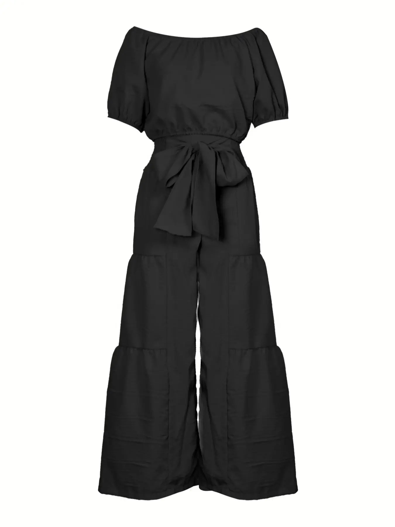 Elegant Off-Shoulder Top with Bow Detail and Solid Color Wide Leg Pants Two-Piece Set, Womenswear, Commuter Date Party Outdoors