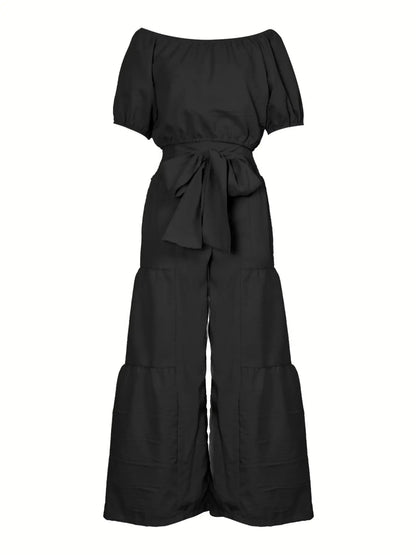 Elegant Off-Shoulder Top with Bow Detail and Solid Color Wide Leg Pants Two-Piece Set, Womenswear, Commuter Date Party Outdoors
