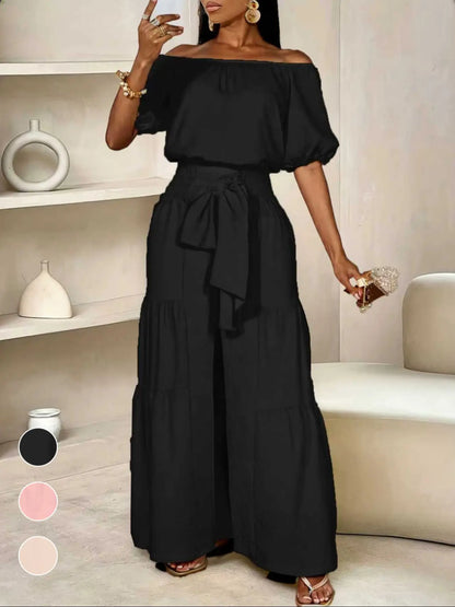 Elegant Off-Shoulder Top with Bow Detail and Solid Color Wide Leg Pants Two-Piece Set, Womenswear, Commuter Date Party Outdoors
