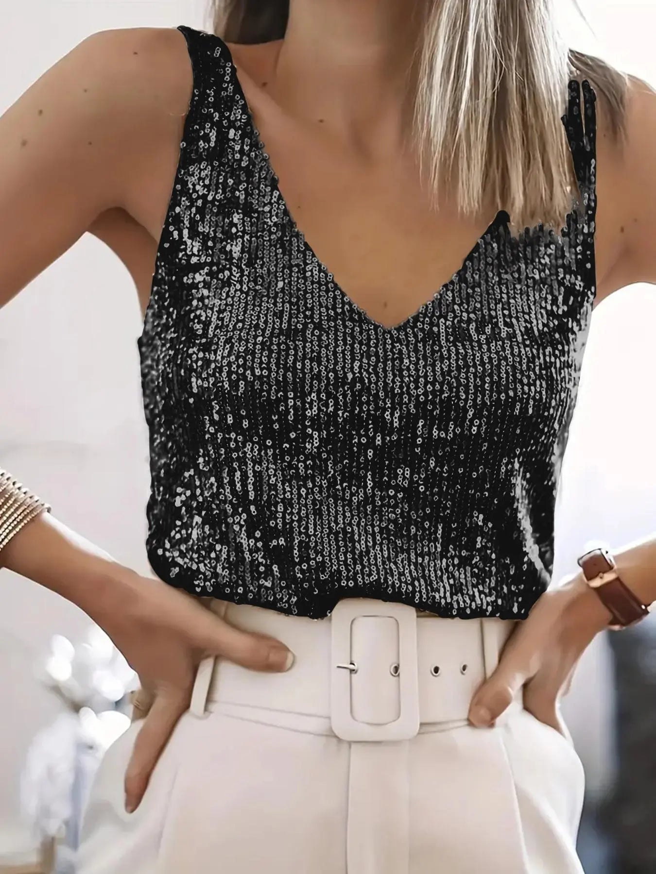 Women'S Glitter Sequins V Neck Tank Top, Casual Fitted Sleeveless Style Top for Party Club Dating, Ladies Summer Clothes Womenswear