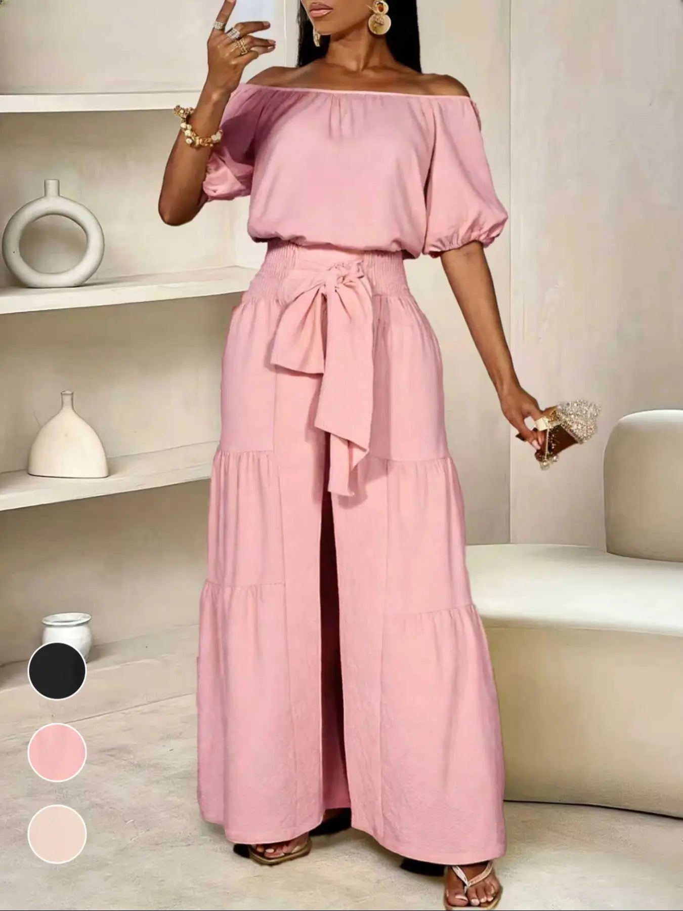 Elegant Off-Shoulder Top with Bow Detail and Solid Color Wide Leg Pants Two-Piece Set, Womenswear, Commuter Date Party Outdoors